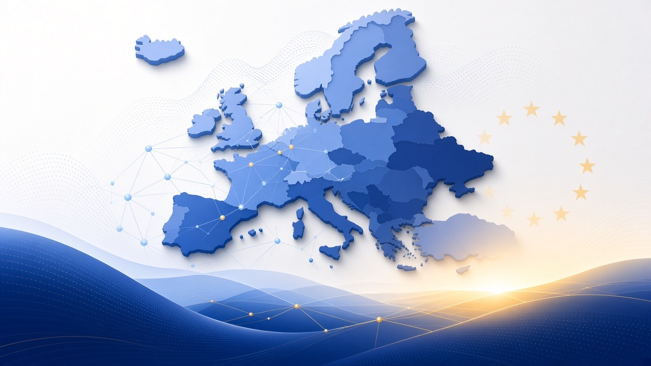 Europa-kart med AI-nettverk og EU-stjerner – illustrasjon til artikkel om AI-strategi