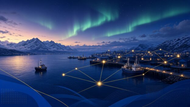 Nordnorsk havn med nordlys og nettverk — illustrasjon til Næringsveien-episode