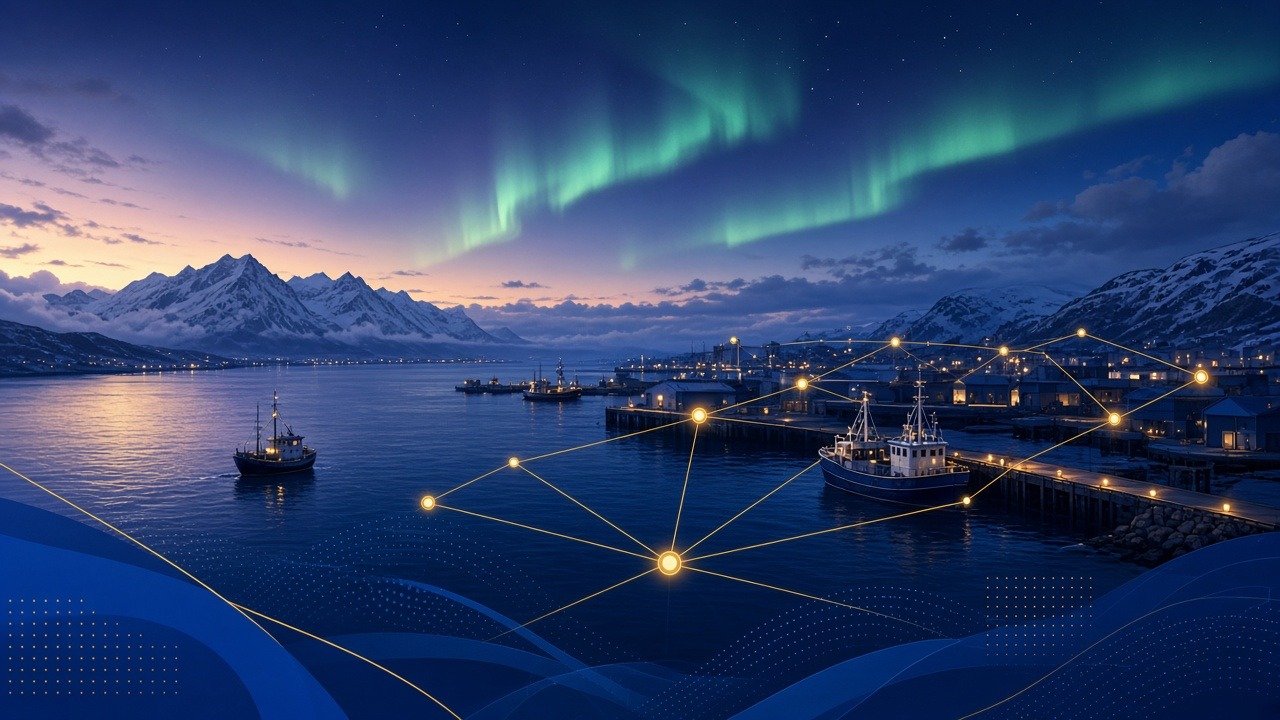 Nordnorsk havn med nordlys og nettverk — illustrasjon til Næringsveien-episode